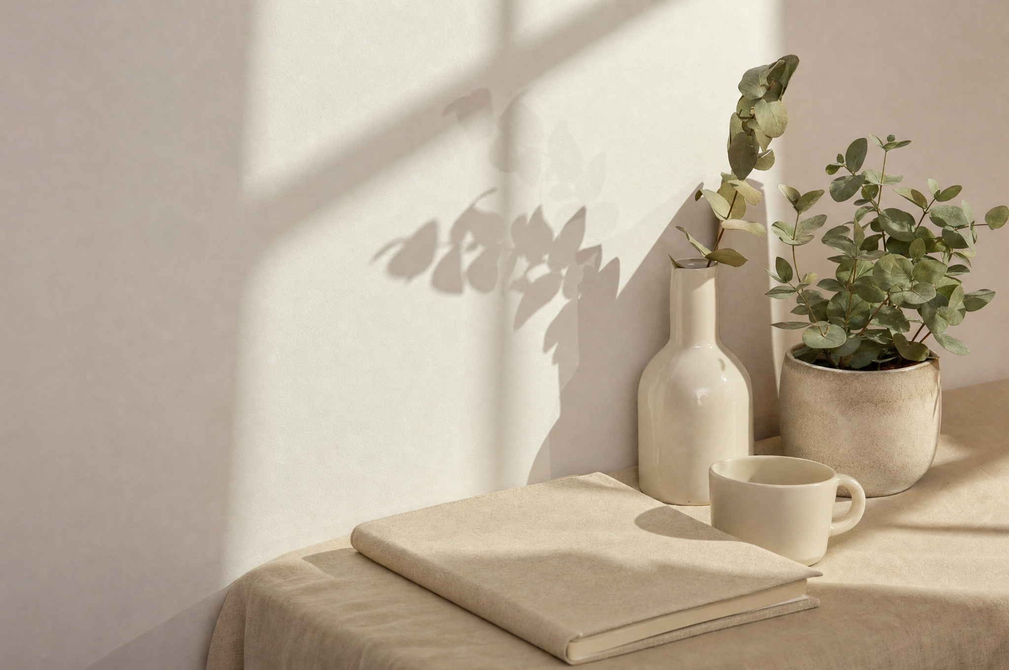 Cuaderno, cerámica y planta sobre una mesa iluminada.