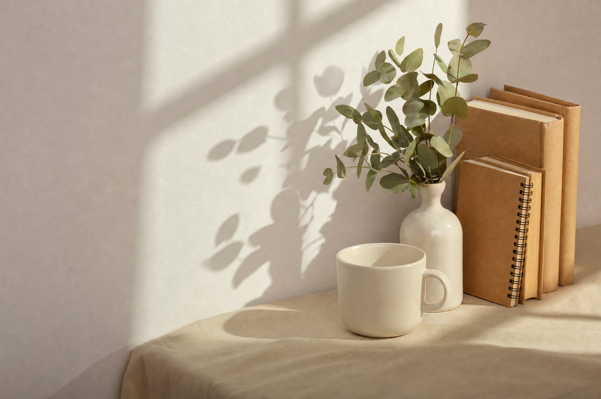 Libros, cuaderno y taza junto a hojas bajo luz natural.